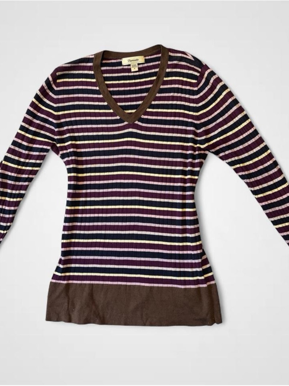 Faconnable Striped V-Neck Sweater in Purple, Brown and Cream